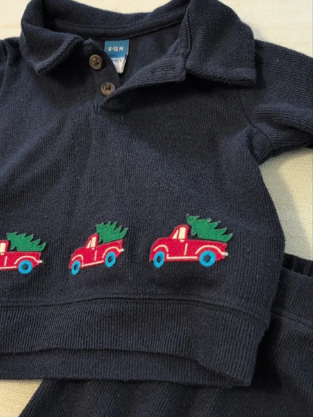 Navy Baby Two-Piece Knit Bottoms Set with Red Truck Embroidery